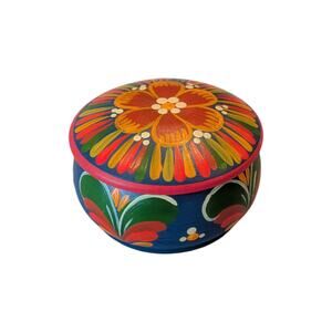 Hungarian Folk Art Floral Hand Painted Small Round Wooden Trinket Box
